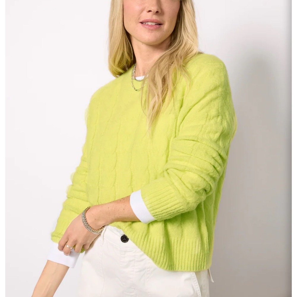 Evereve Bridget Pullover Neon Yellow Cable Knit Sweater Small Lightweight Crew
